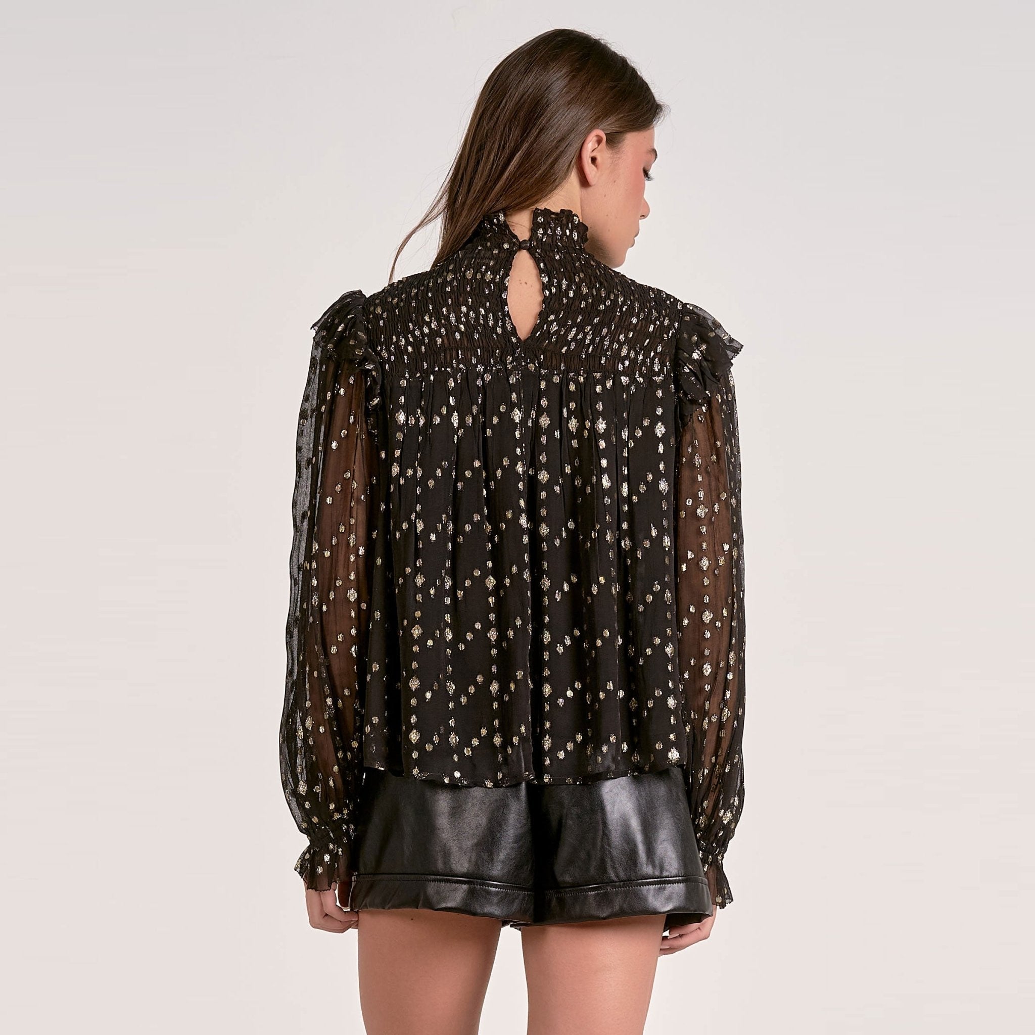 Elan Mock Tie Neck LS Top - Black Geo Print - Mainstream Boutique