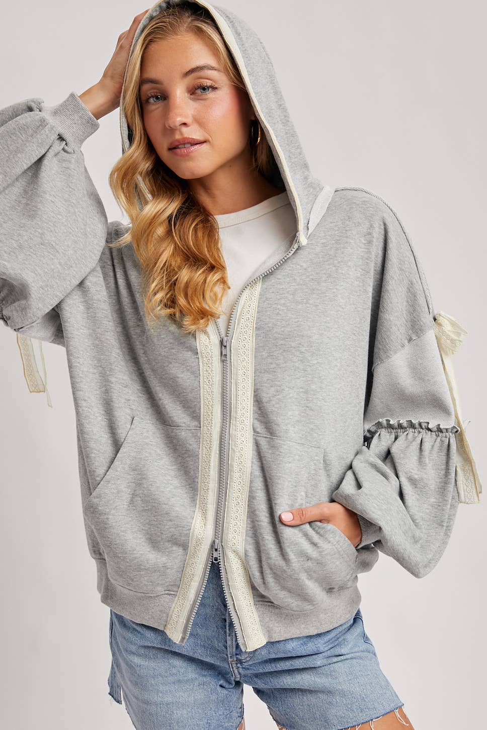 BALLOON SLEEVE LACE TRIMMED ZIPPER FRONT HOODIE OUTERWEAR - Mainstream Boutique
