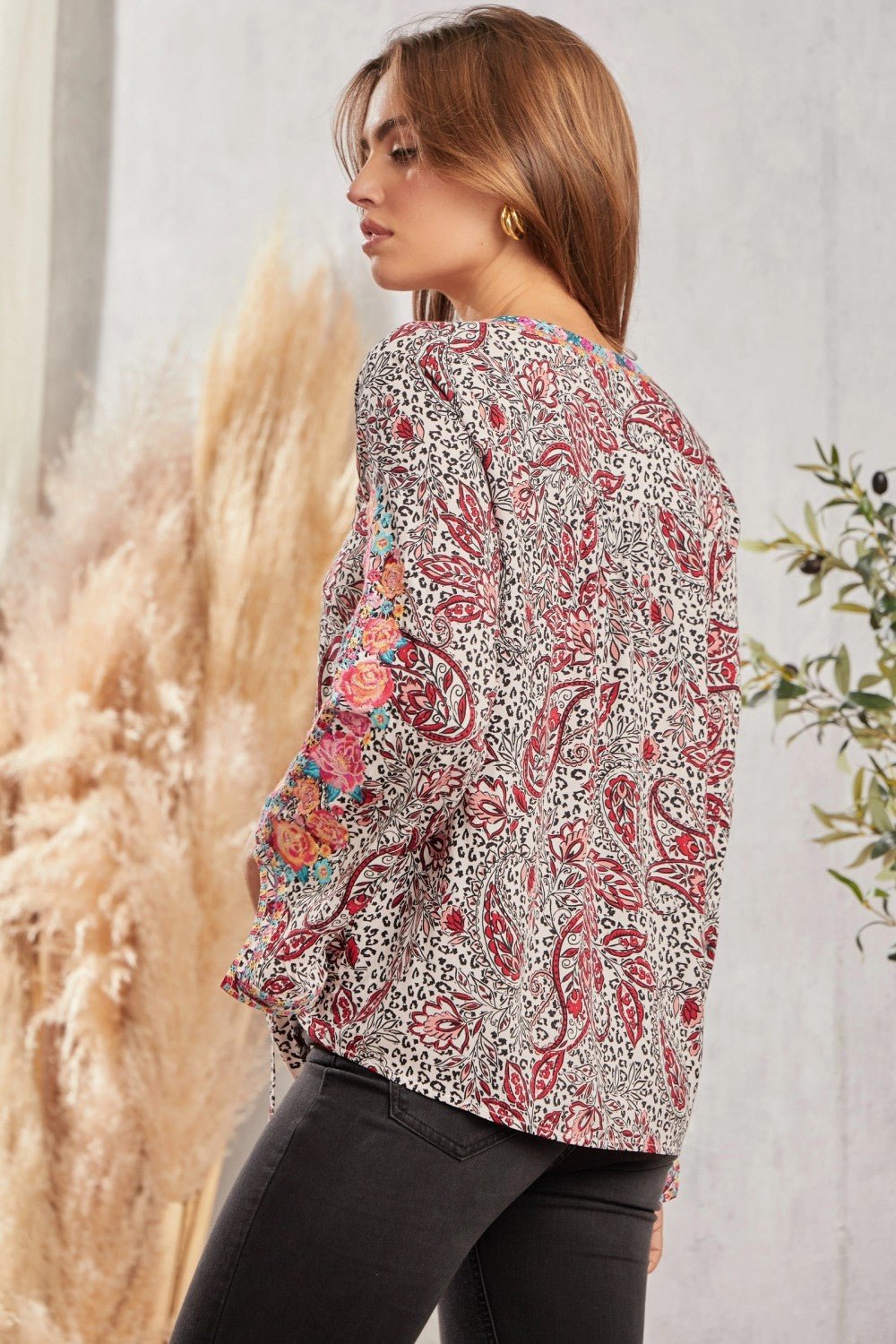 Embroidered W/ Tie Tassel Blouse - Mainstream Boutique