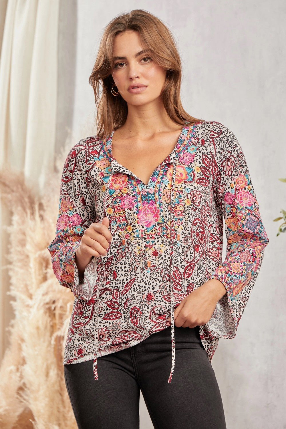 Embroidered W/ Tie Tassel Blouse - Mainstream Boutique