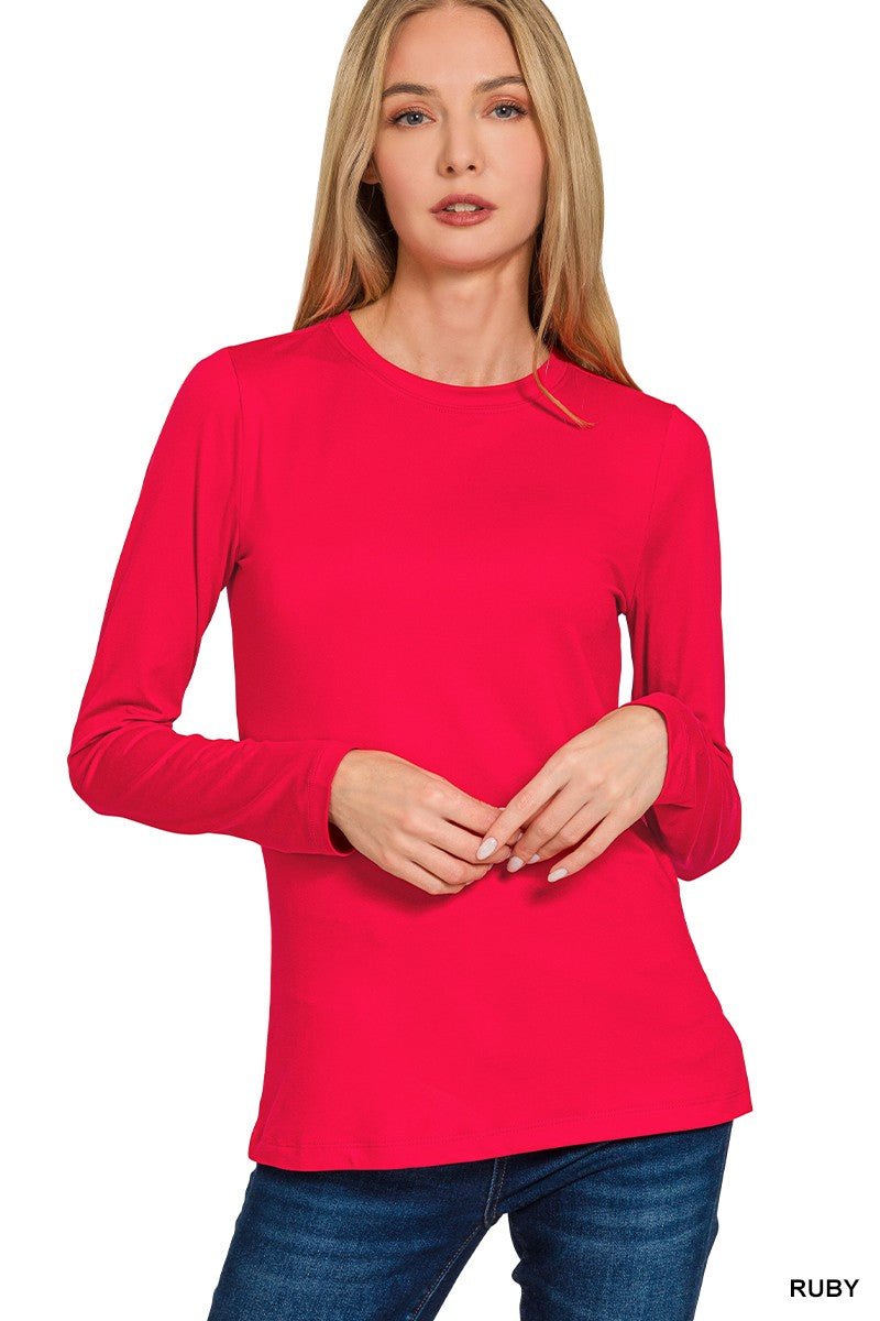 Brushed Microfiber Long Sleeve Round Neck Tee - Mainstream Boutique