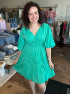 V - Neck Tiered Balloon Sleeve Dress - Mainstream Boutique