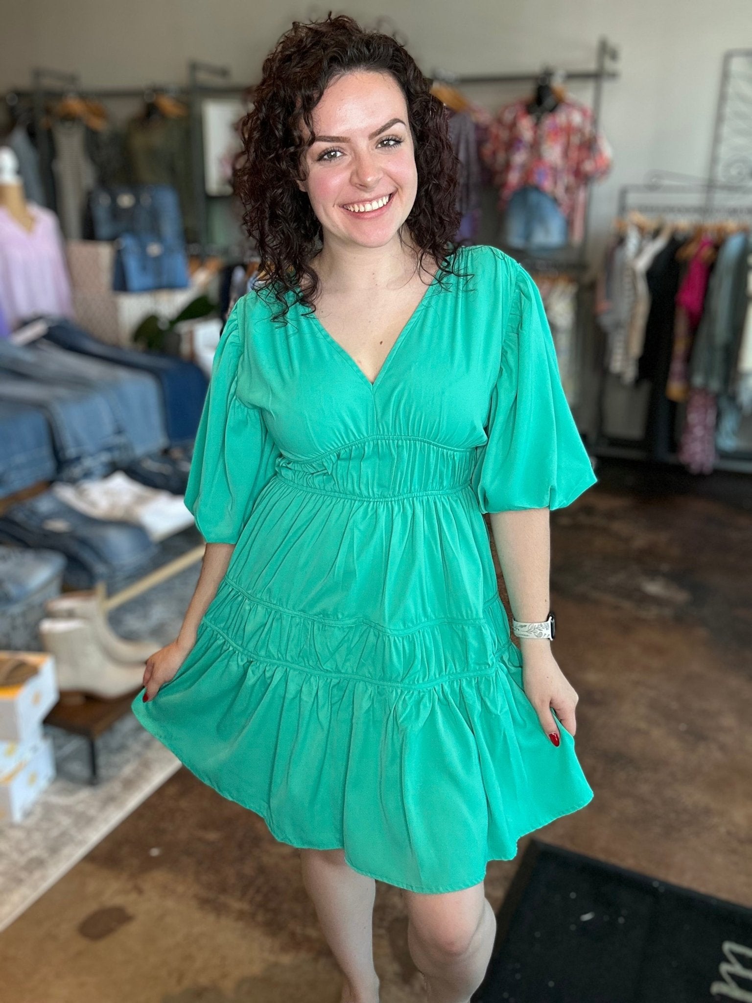 V - Neck Tiered Balloon Sleeve Dress - Mainstream Boutique