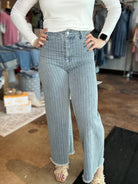Striped Denim Frayed Hem Pant - Mainstream Boutique
