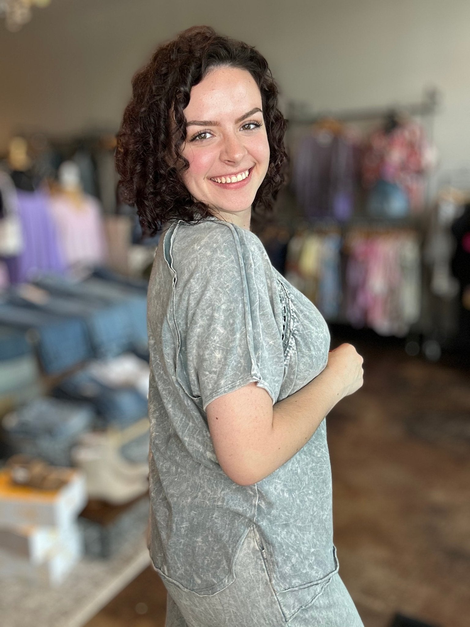 Mineral Washed Floral Trim Top - Mainstream Boutique