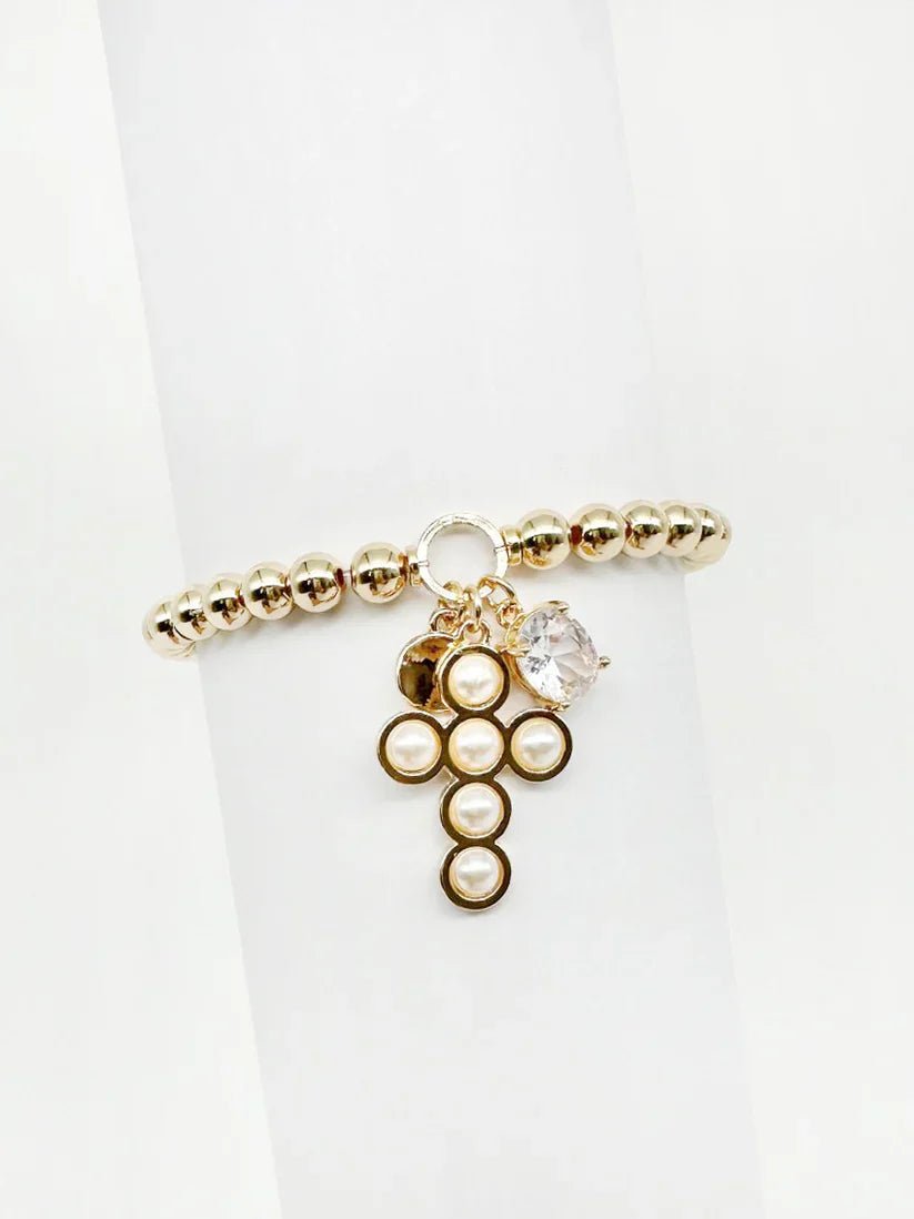 Gold Beaded Stretch Bracelet With Pearl Cross And Crystal Charms - Mainstream Boutique
