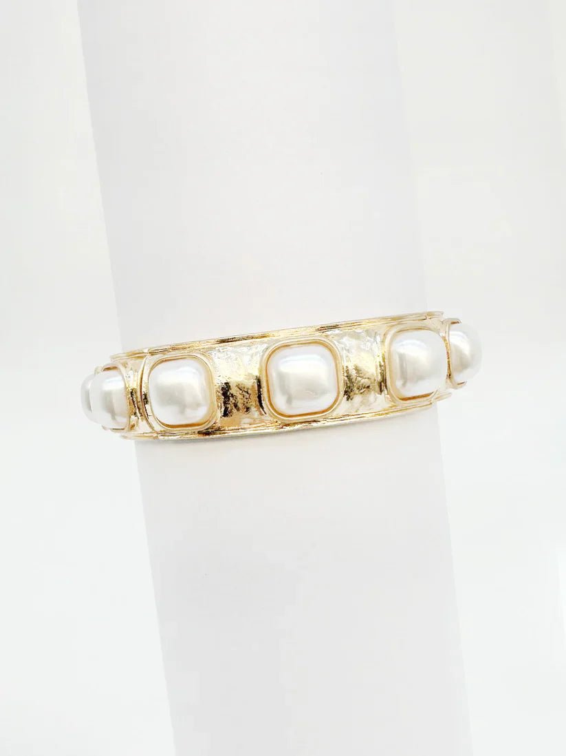 Square Pearl Studded Gold Textured Stretch Bracelet - Mainstream Boutique