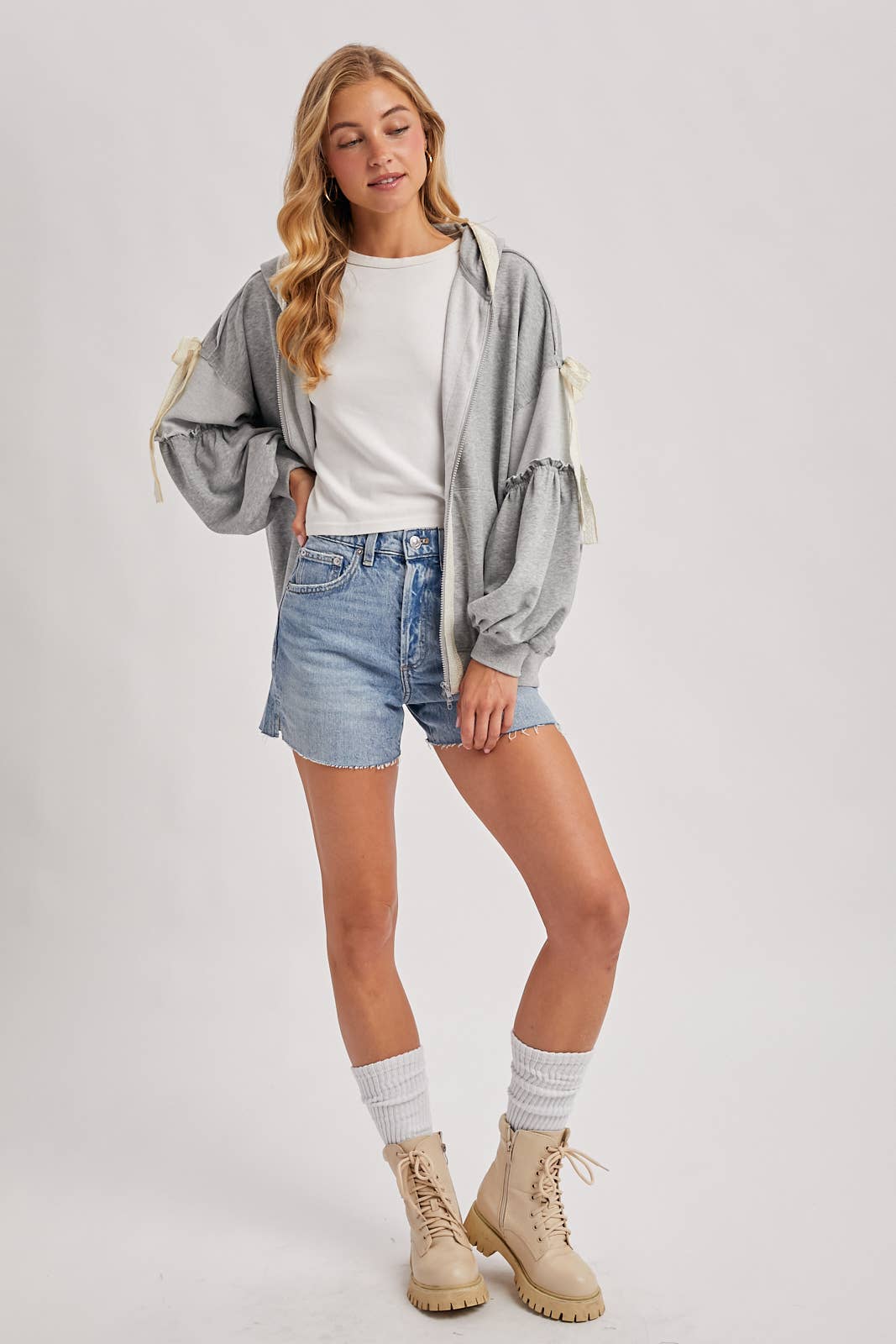 BALLOON SLEEVE LACE TRIMMED ZIPPER FRONT HOODIE OUTERWEAR - Mainstream Boutique