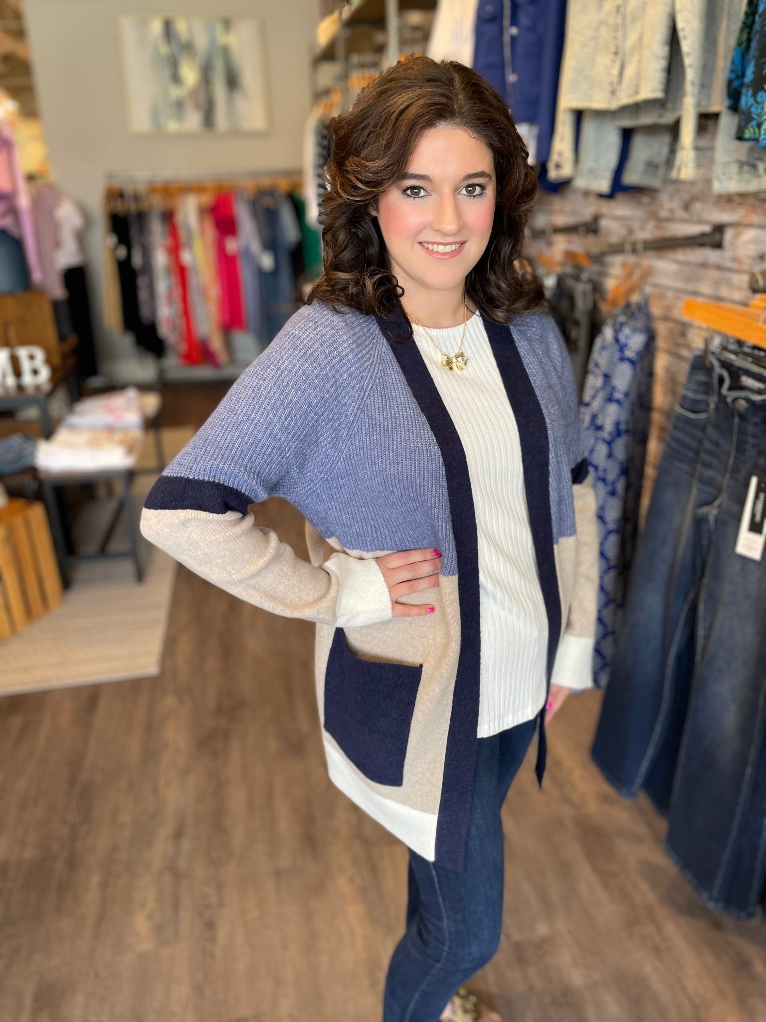 L/S Open Front Color Block Sweater - Mainstream Boutique