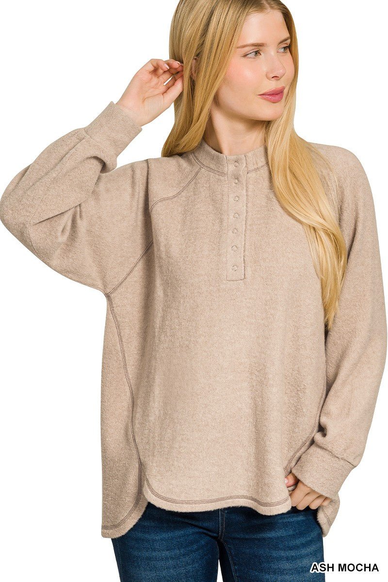 Brushed Melange Hack Oversized Henley Sweater - Mainstream Boutique