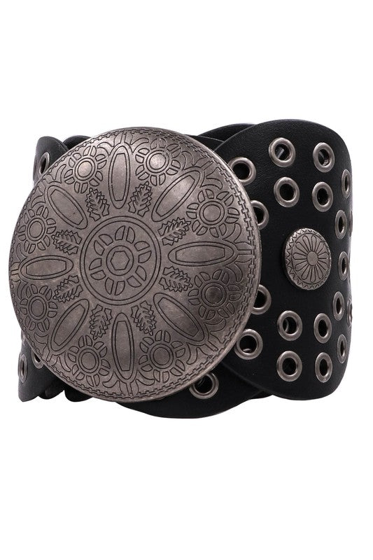 Faux Leather Metal Sun Engraved Waist Belt - Mainstream Boutique