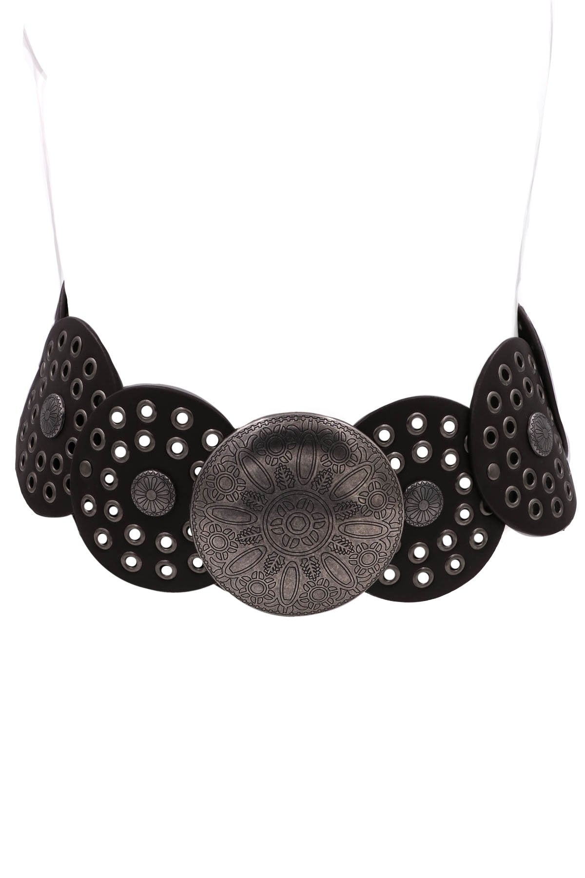 Faux Leather Metal Sun Engraved Waist Belt - Mainstream Boutique