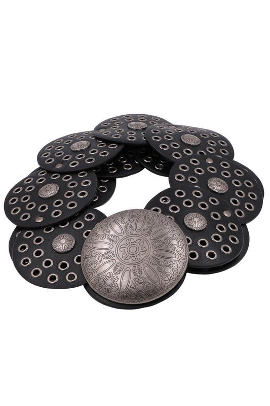 Faux Leather Metal Sun Engraved Waist Belt - Mainstream Boutique