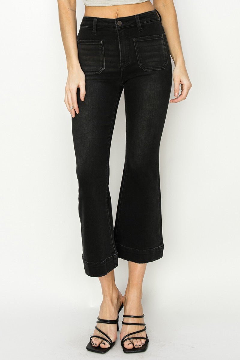 High Rise Front Patch Pocket Ankle Flare Jeans - Mainstream Boutique