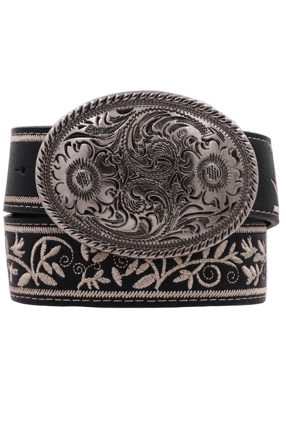 Metal Buckle Floral Embossed Embroidered Belt - Mainstream Boutique