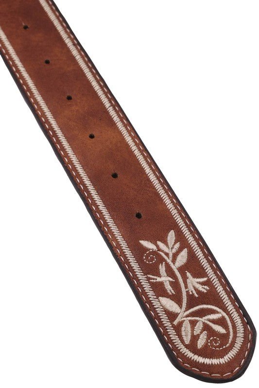 Metal Buckle Floral Embossed Embroidered Belt - Mainstream Boutique