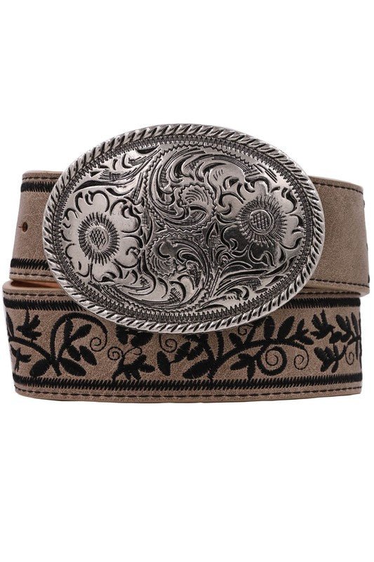 Metal Buckle Floral Embossed Embroidered Belt - Mainstream Boutique