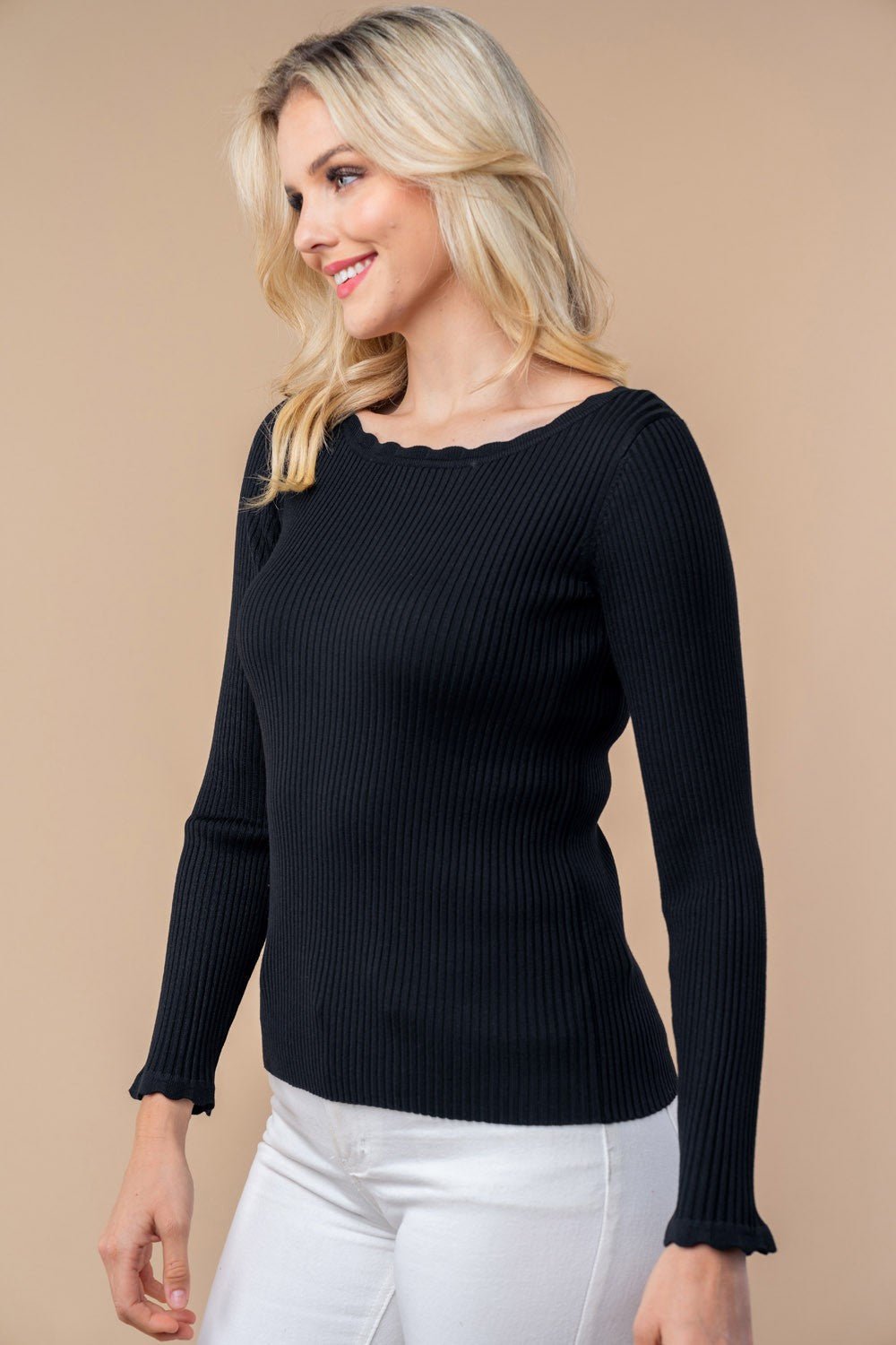Long Sleeve Scallop Detail Top - Mainstream Boutique