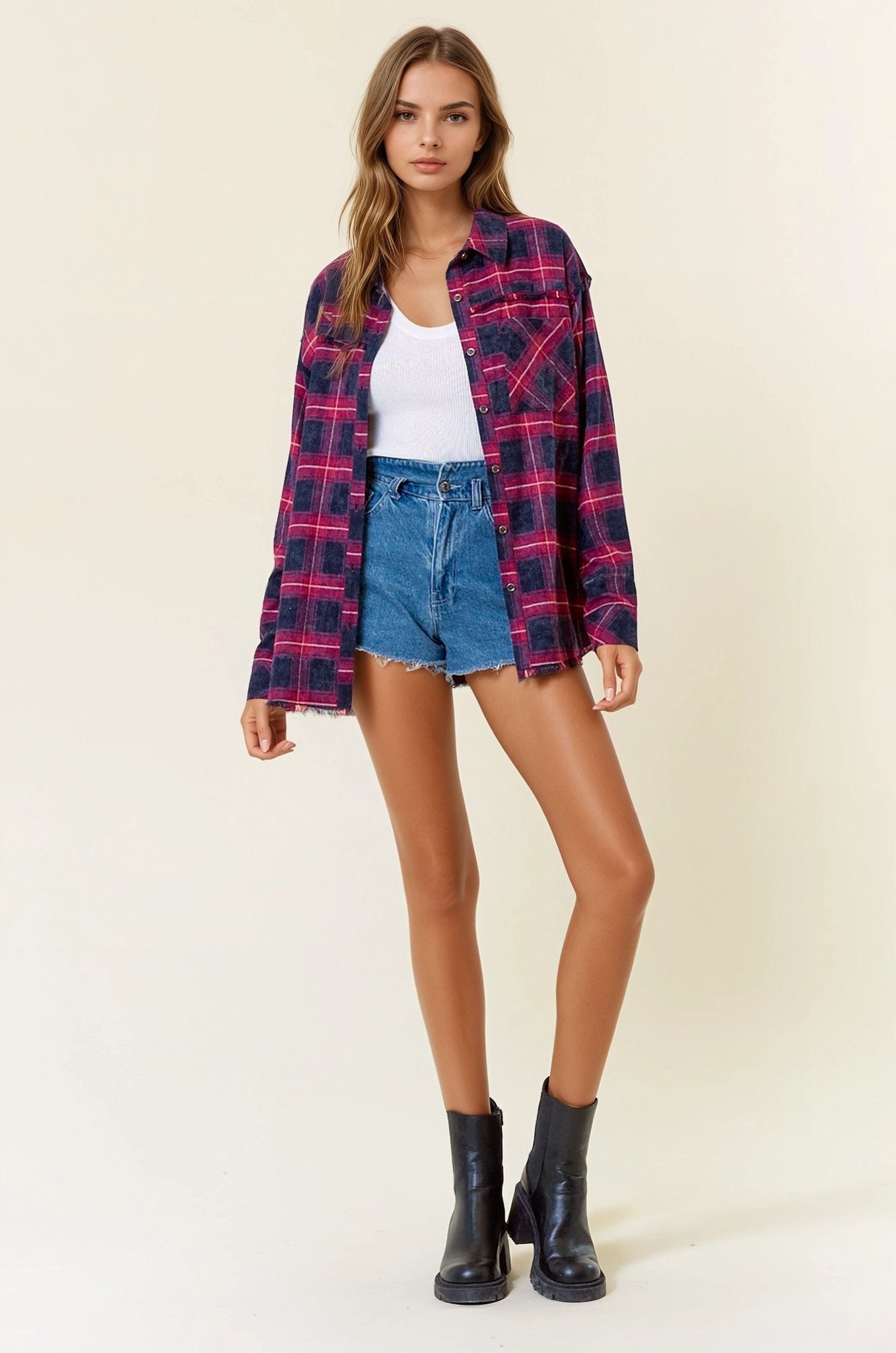 Plaid Flannel Shirt With Frayed Detail - Mainstream Boutique