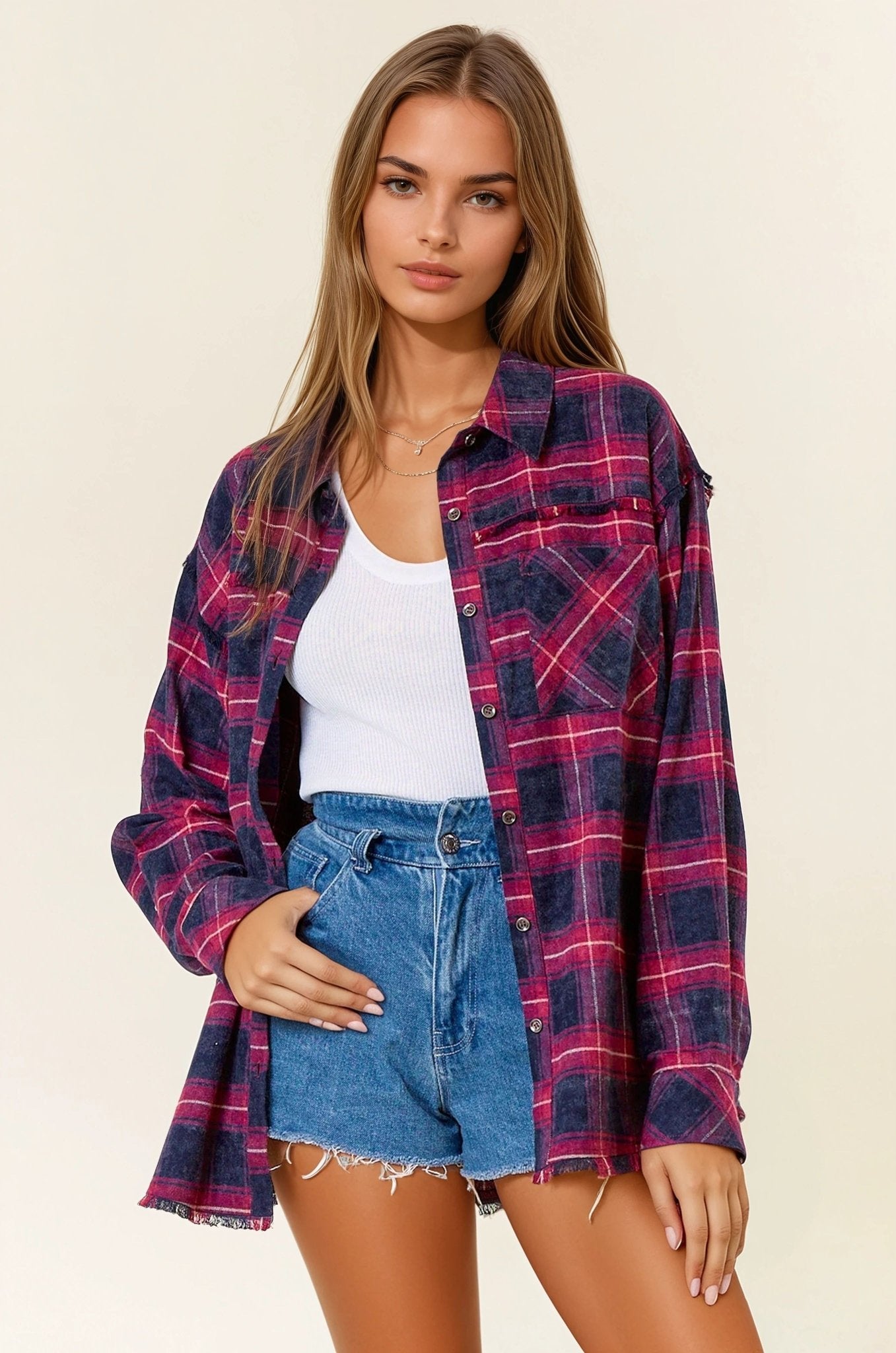 Plaid Flannel Shirt With Frayed Detail - Mainstream Boutique