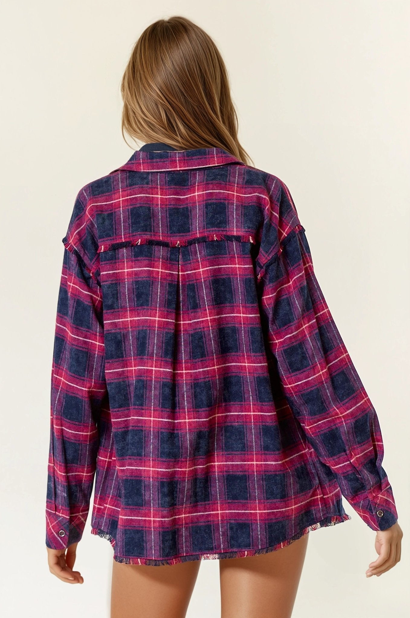 Plaid Flannel Shirt With Frayed Detail - Mainstream Boutique