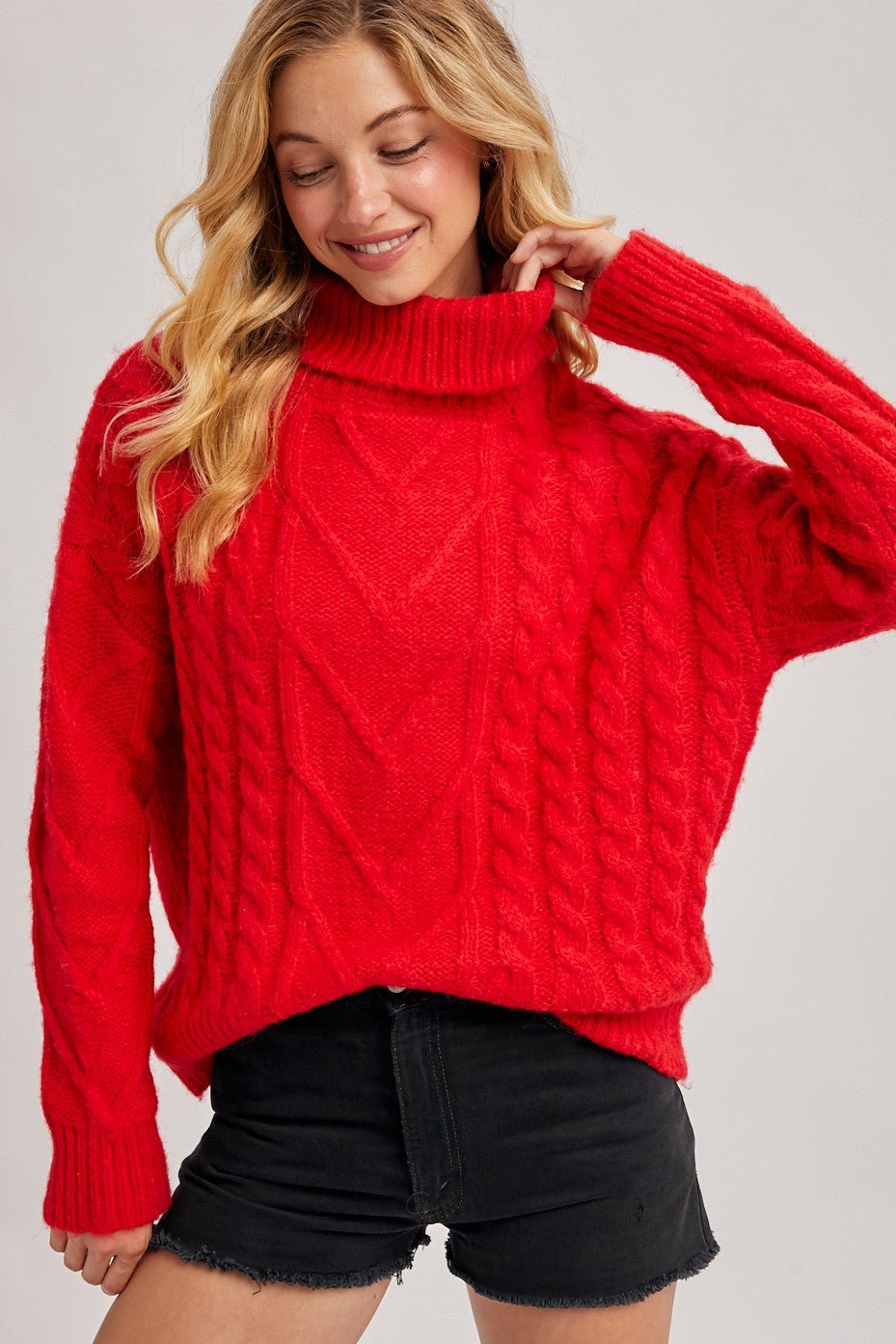 Turtle Neck Cable Knit Scallop Hem Sweater - Mainstream Boutique