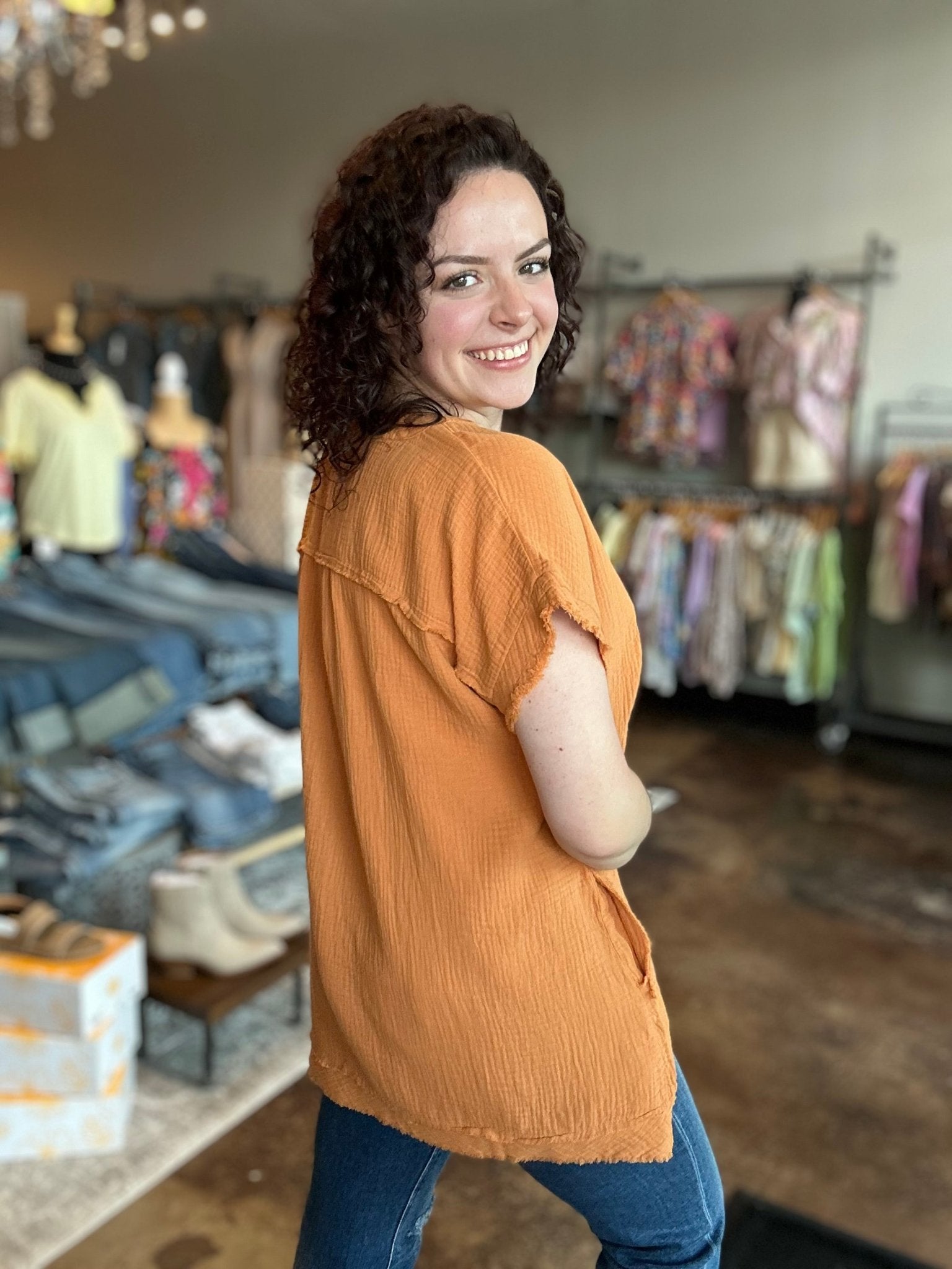 Raw Hem Short Sleeve V - Neck Gauze Top - Mainstream Boutique