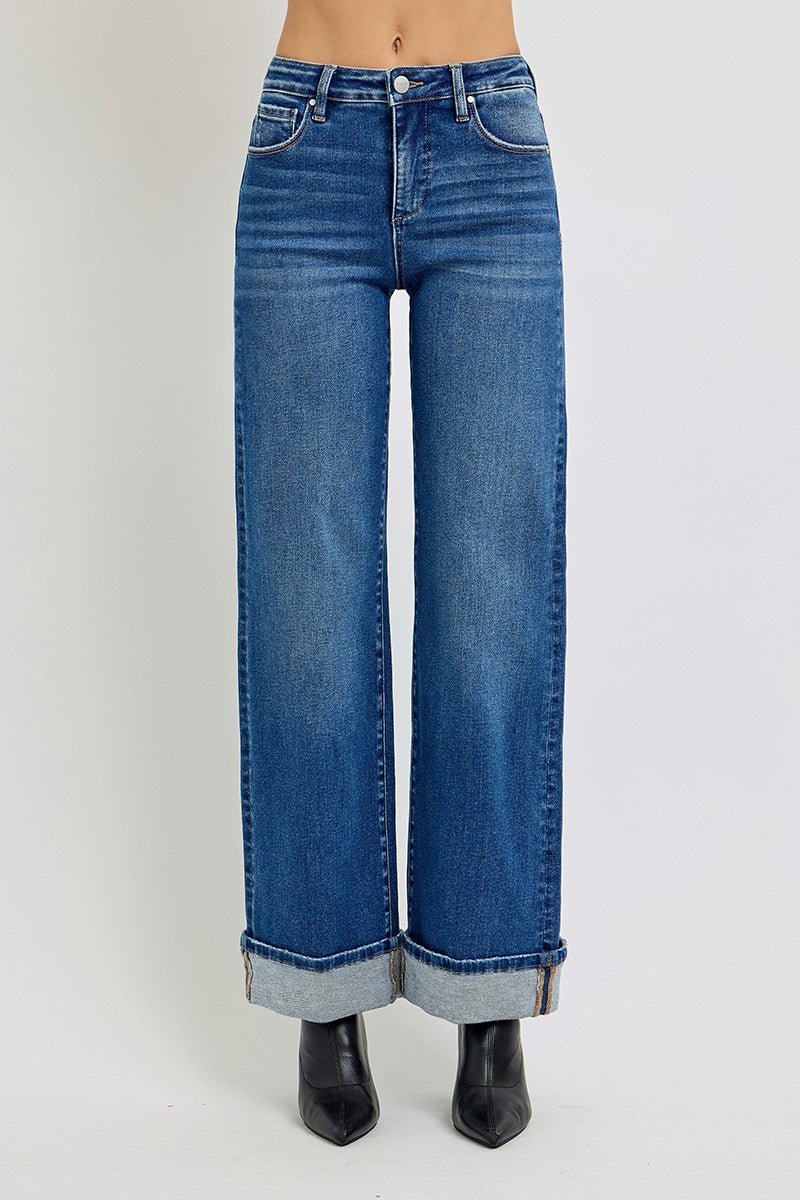High Rise Long Cuffed Wide Leg Jean - Mainstream Boutique