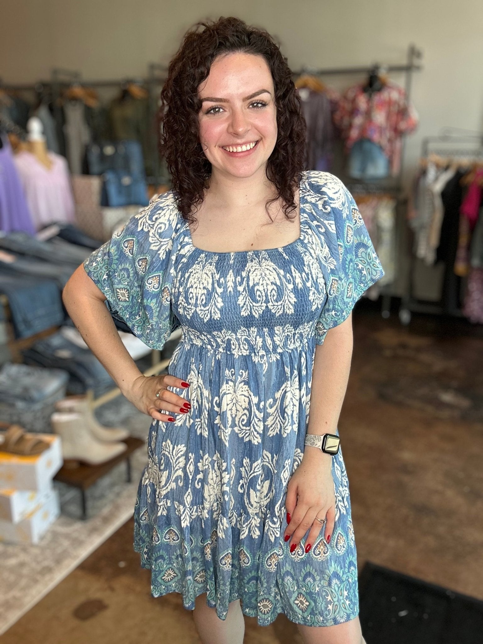 Short Sleeve Smocked Border Print Dress - Mainstream Boutique