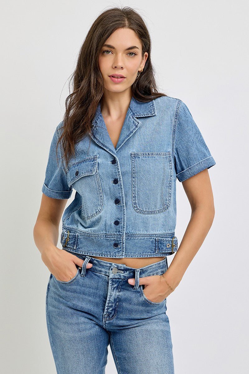 Denim Crop Shirt With Button Down Front And Pockets - Mainstream Boutique