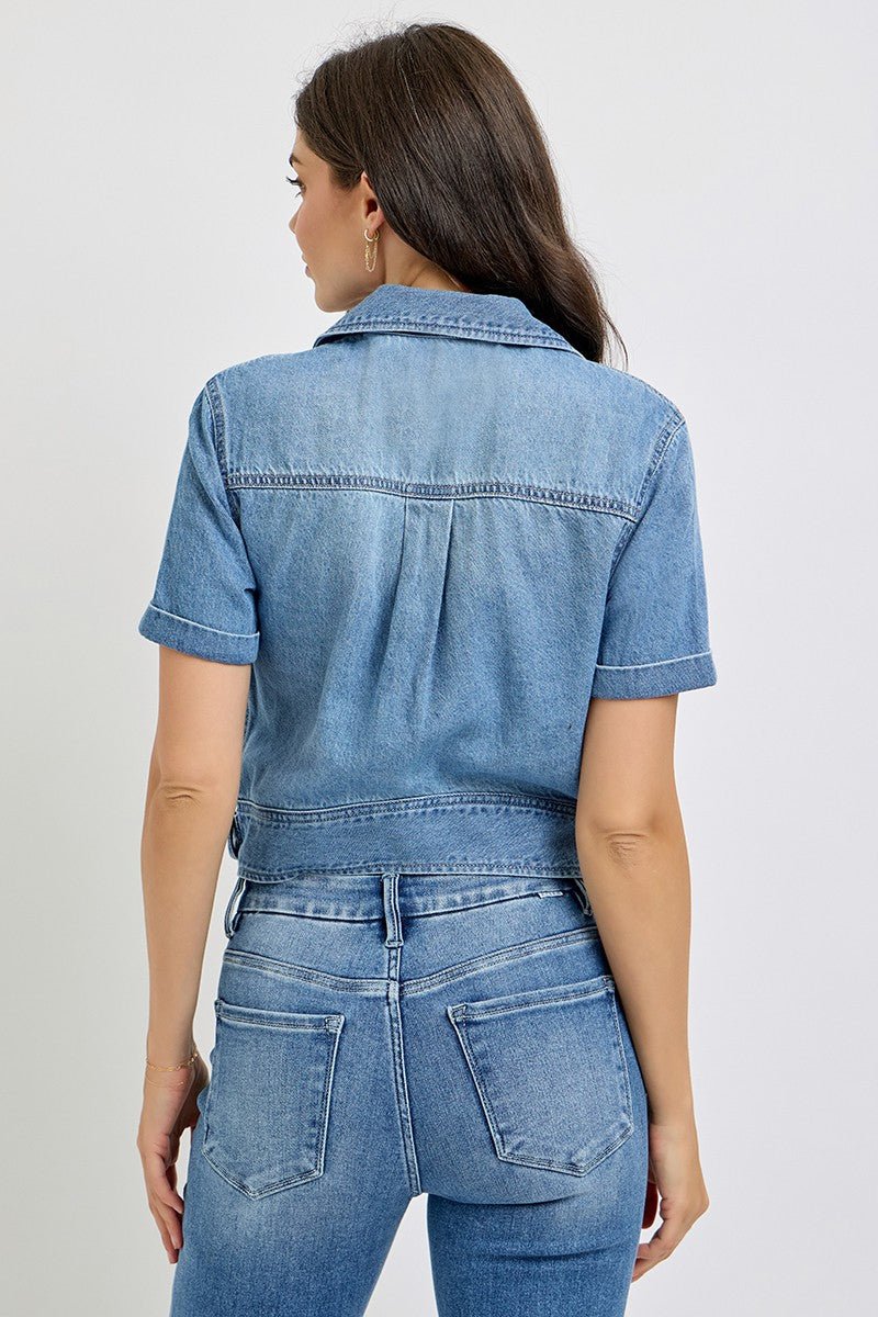 Denim Crop Shirt With Button Down Front And Pockets - Mainstream Boutique