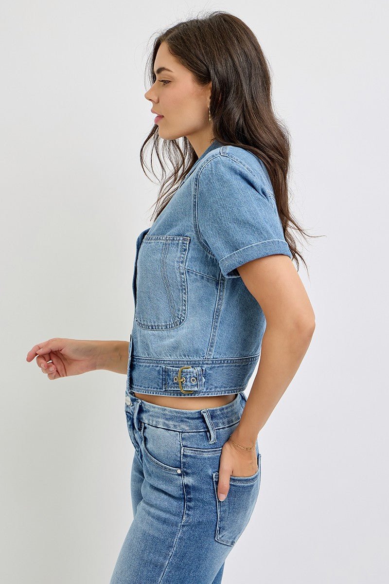 Denim Crop Shirt With Button Down Front And Pockets - Mainstream Boutique