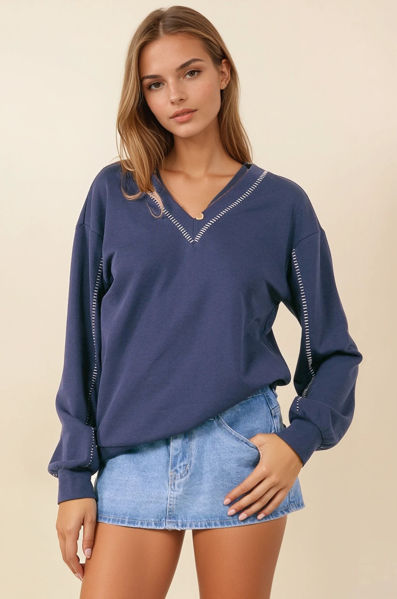 French Terry V - neckline Oversized Sweatshirt - Mainstream Boutique