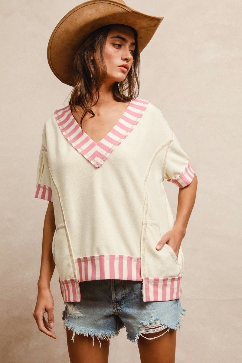 French Terry And Stripe Mixed V Neck Top W/ Reverse Hem - Mainstream Boutique