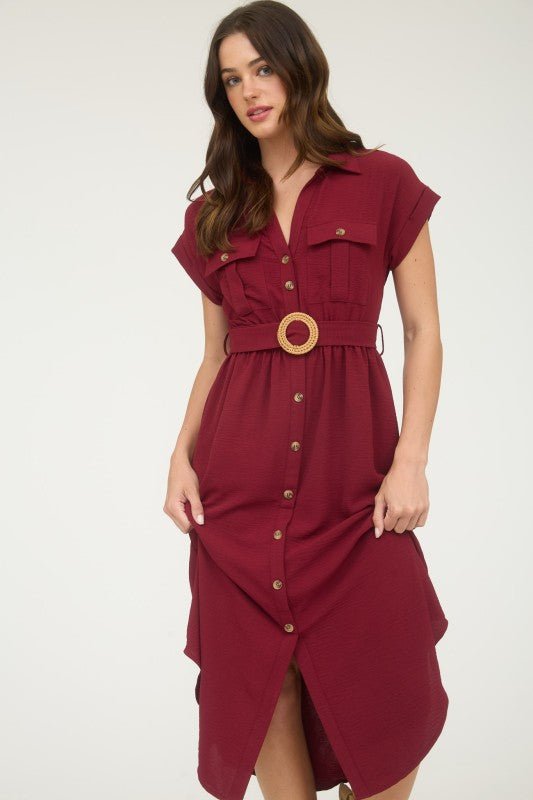Button Down Belted Midi Dress - Mainstream Boutique