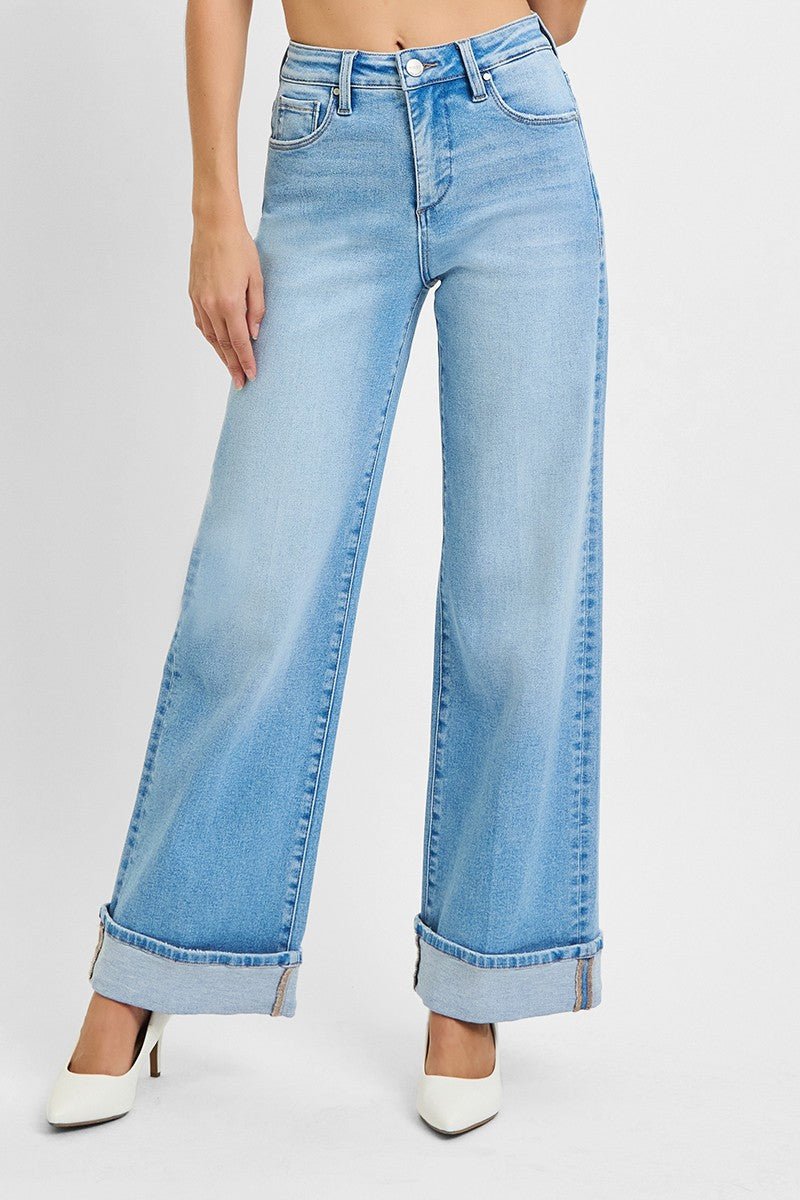 High Rise Long Wide Leg Jean With Cuff - Light - Mainstream Boutique