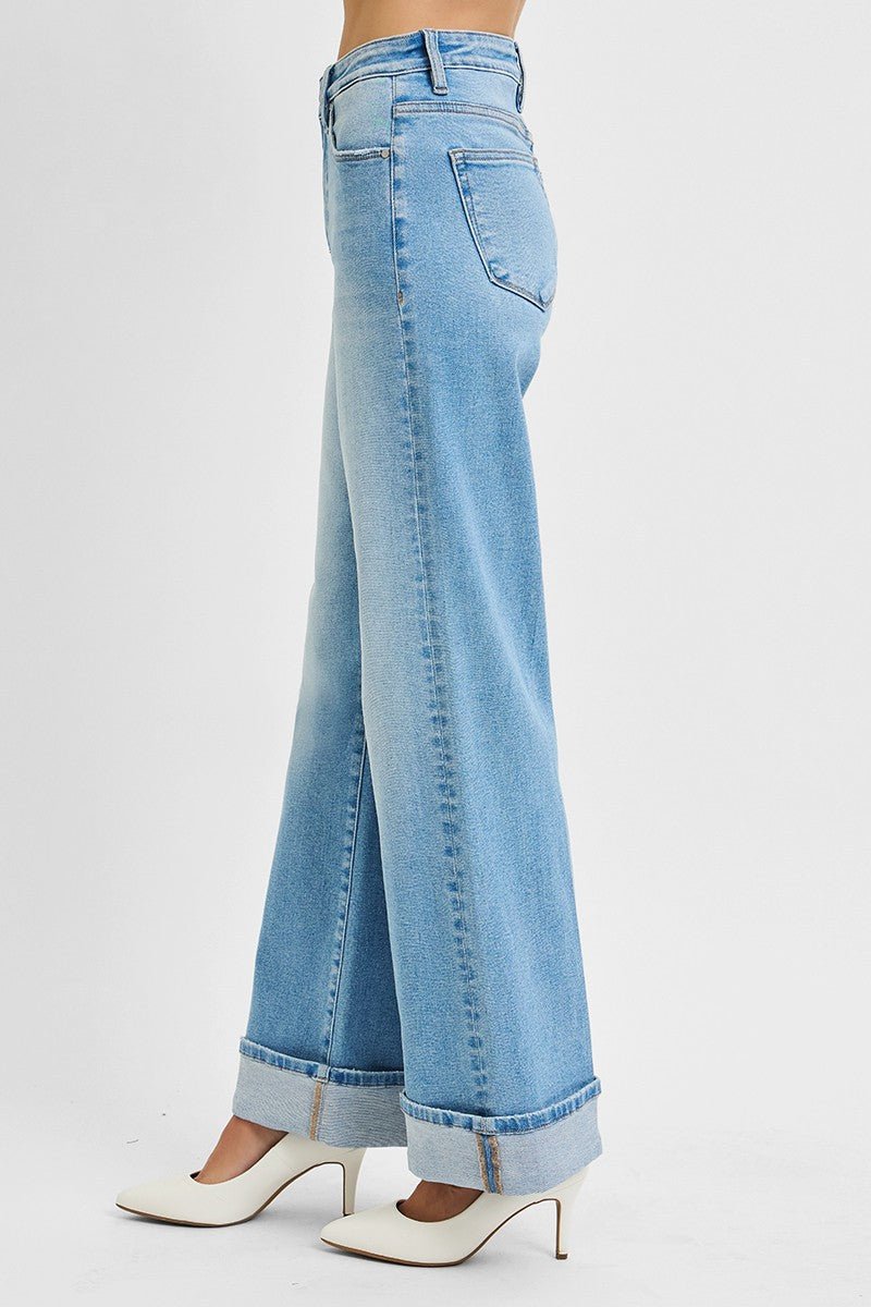 High Rise Long Wide Leg Jean With Cuff - Light - Mainstream Boutique
