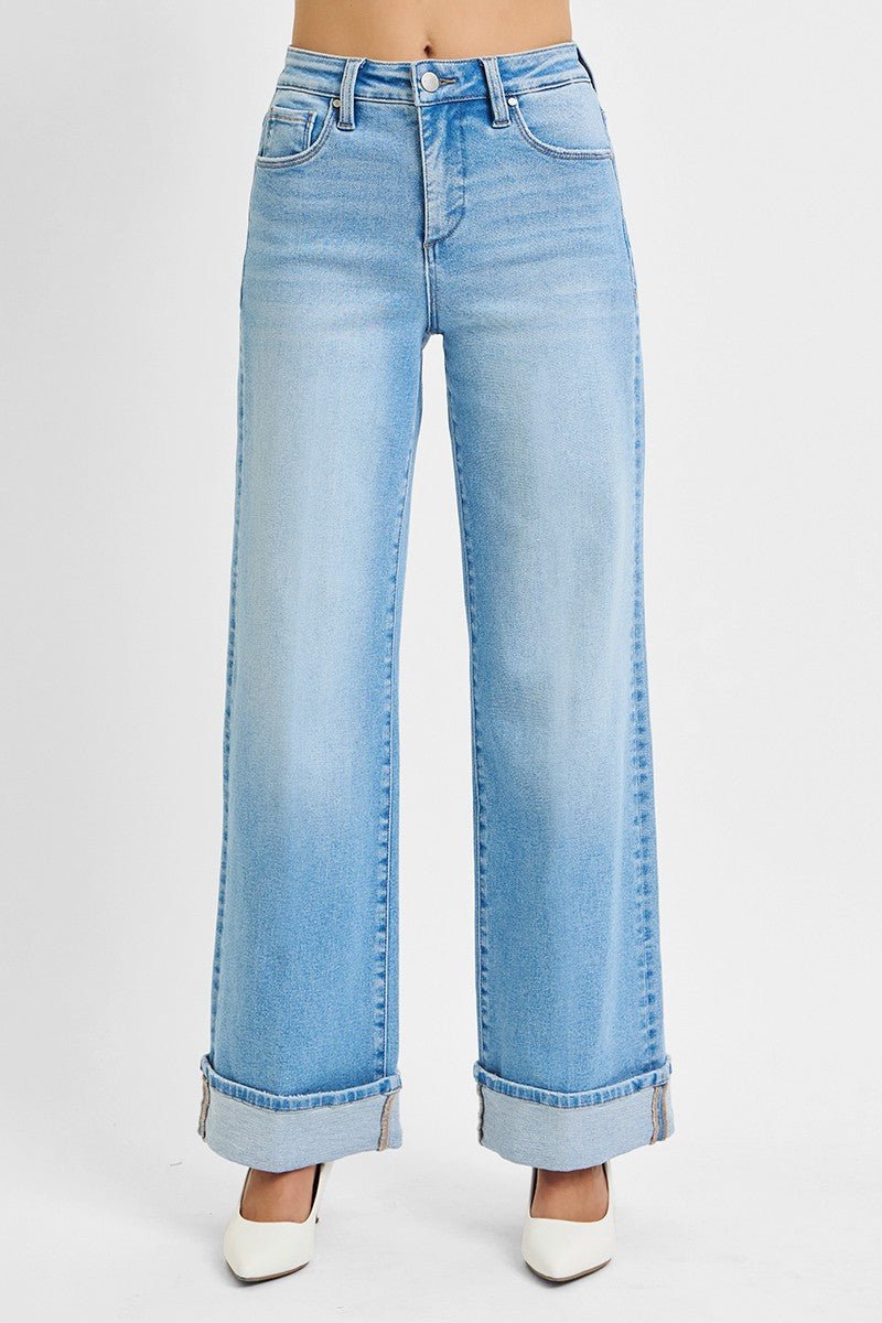 High Rise Long Wide Leg Jean With Cuff - Light - Mainstream Boutique