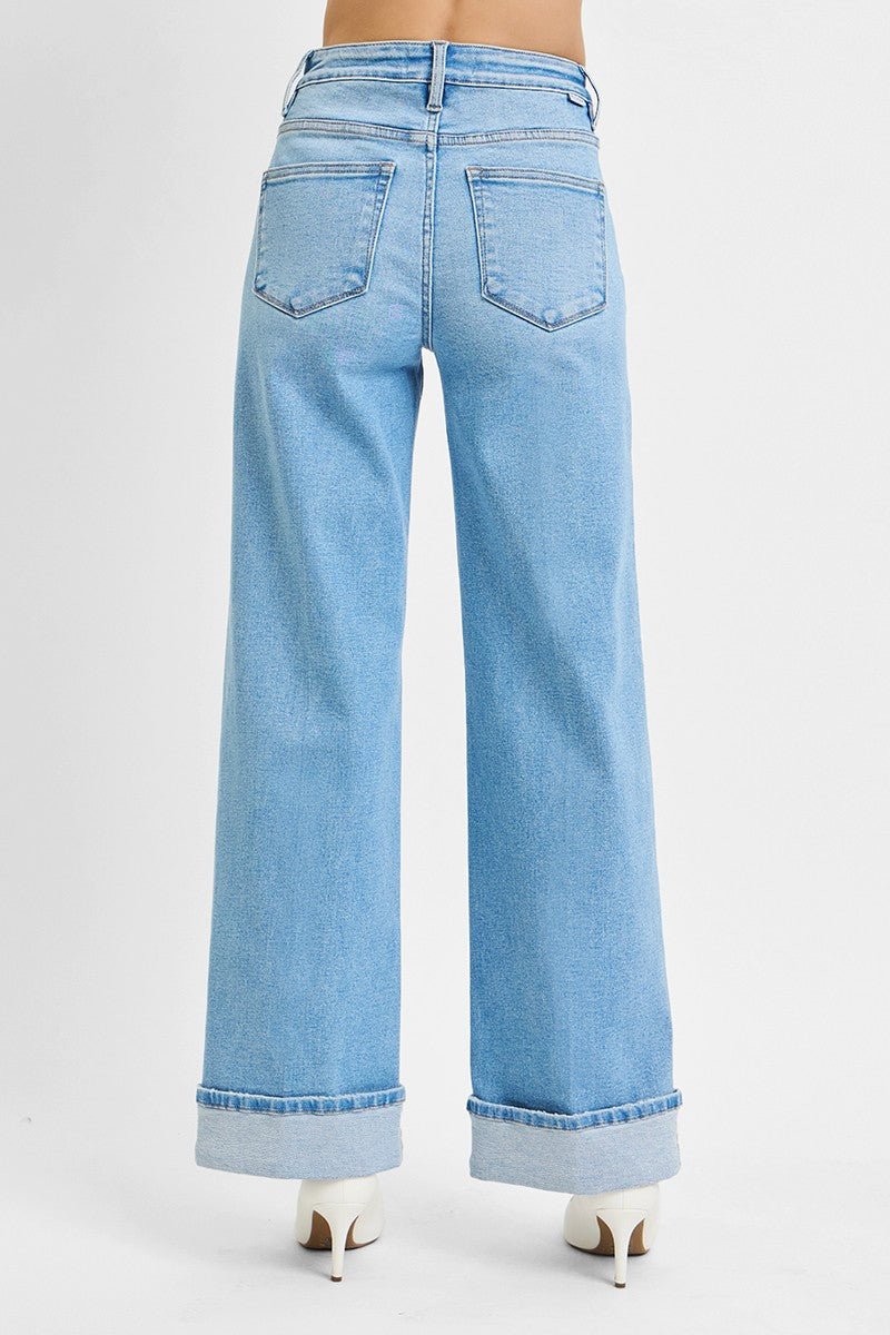 High Rise Long Wide Leg Jean With Cuff - Light - Mainstream Boutique