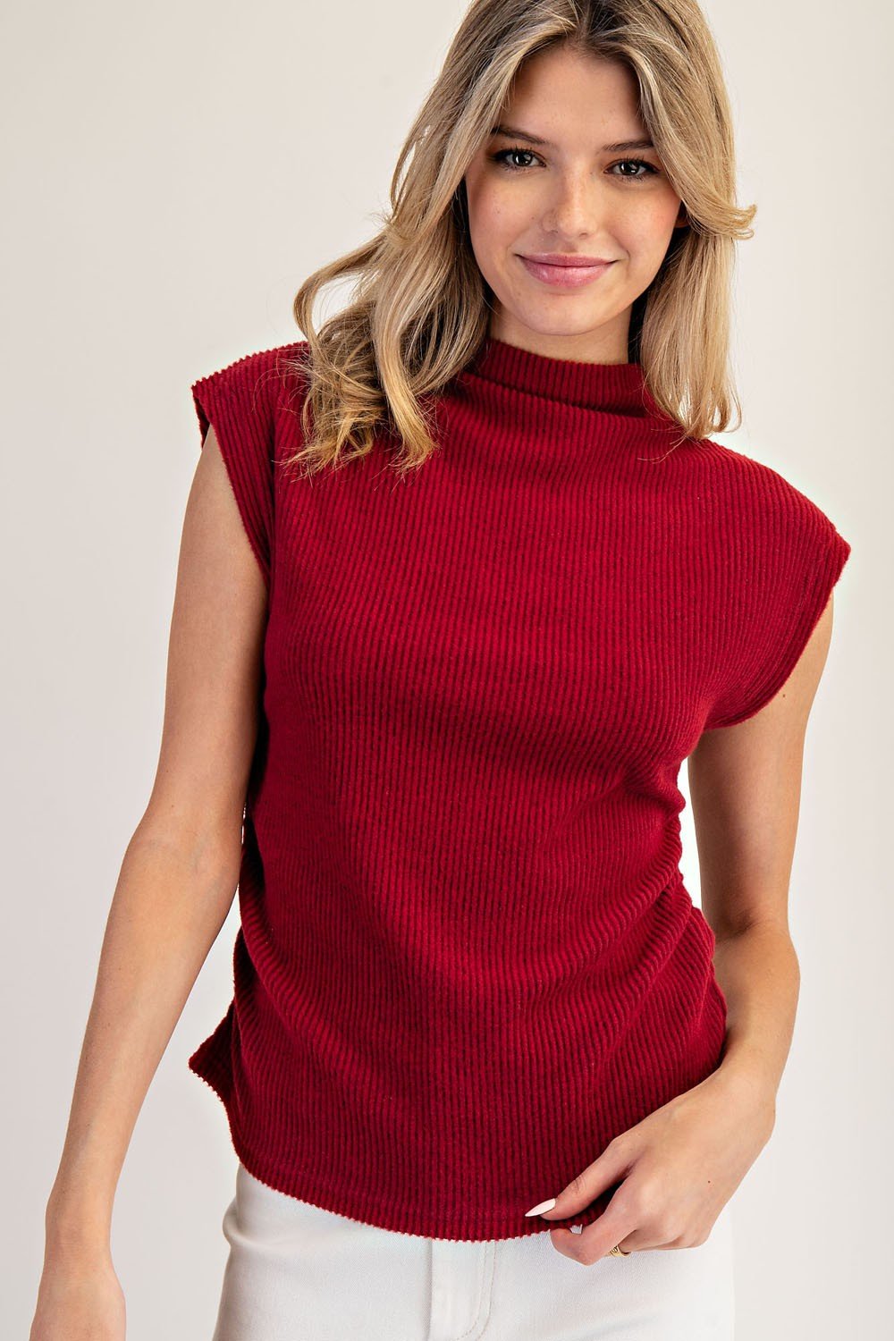 Ruched Cap Sleeve Mock Neck Top - Mainstream Boutique