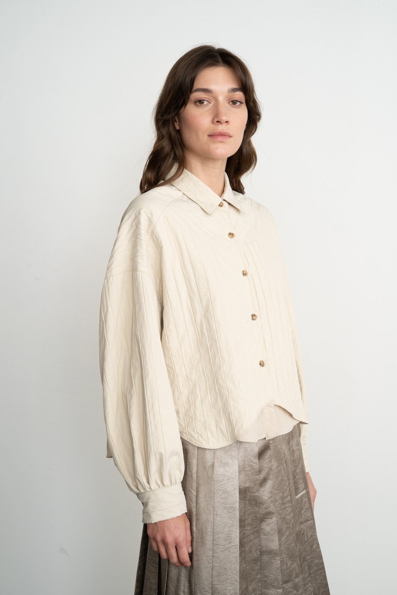 Quilted Button - Up Blouse W/ Structured Detailing - Cream - Mainstream Boutique