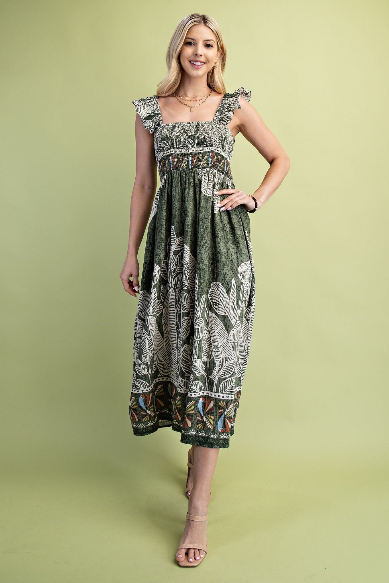 Palm And Parrot Print Midi Dress - Mainstream Boutique
