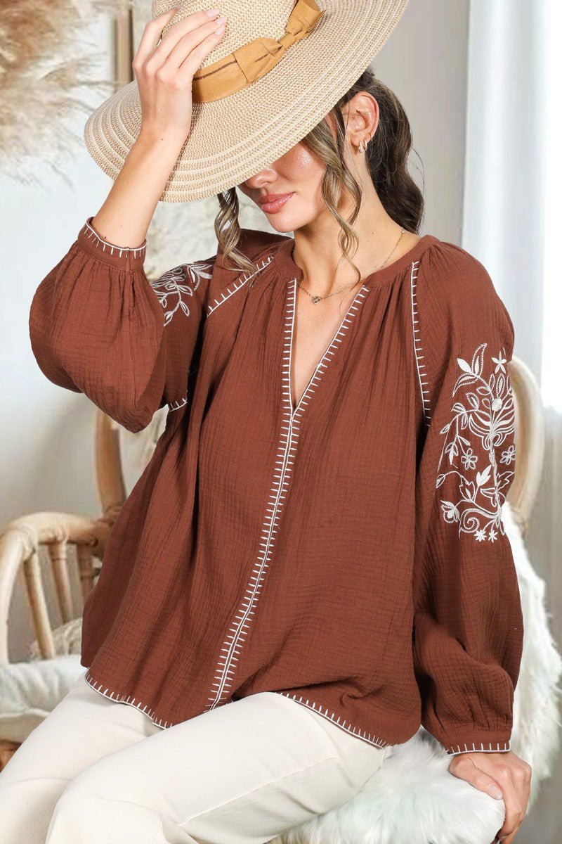 Long Raglan Sleeves Floral Embroidered Blouse - Mainstream Boutique
