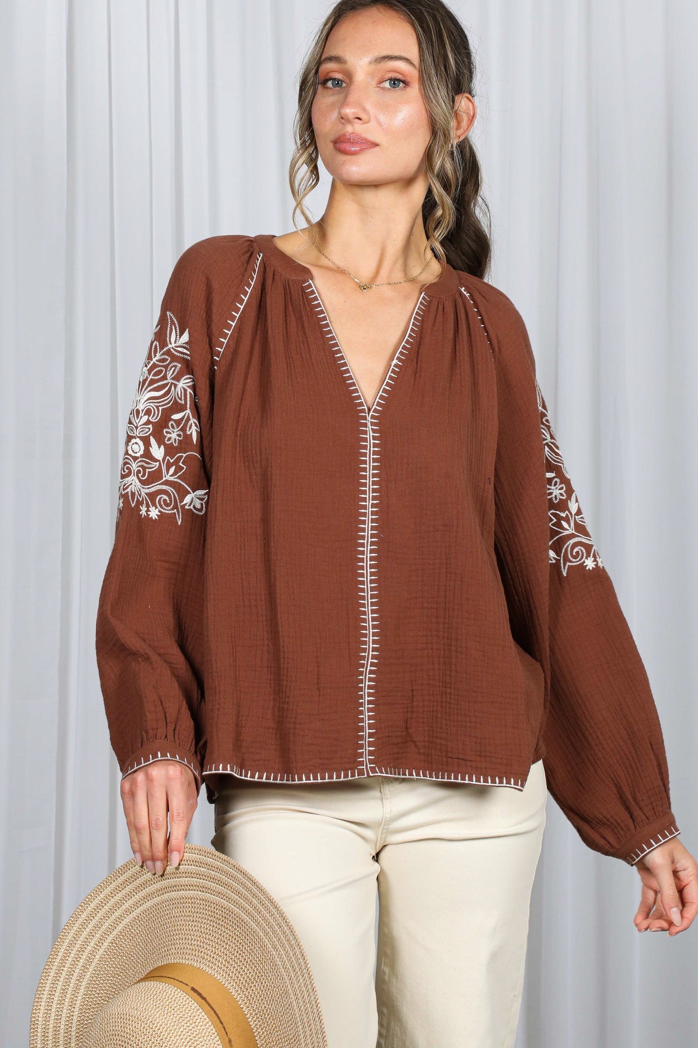 Long Raglan Sleeves Floral Embroidered Blouse - Mainstream Boutique