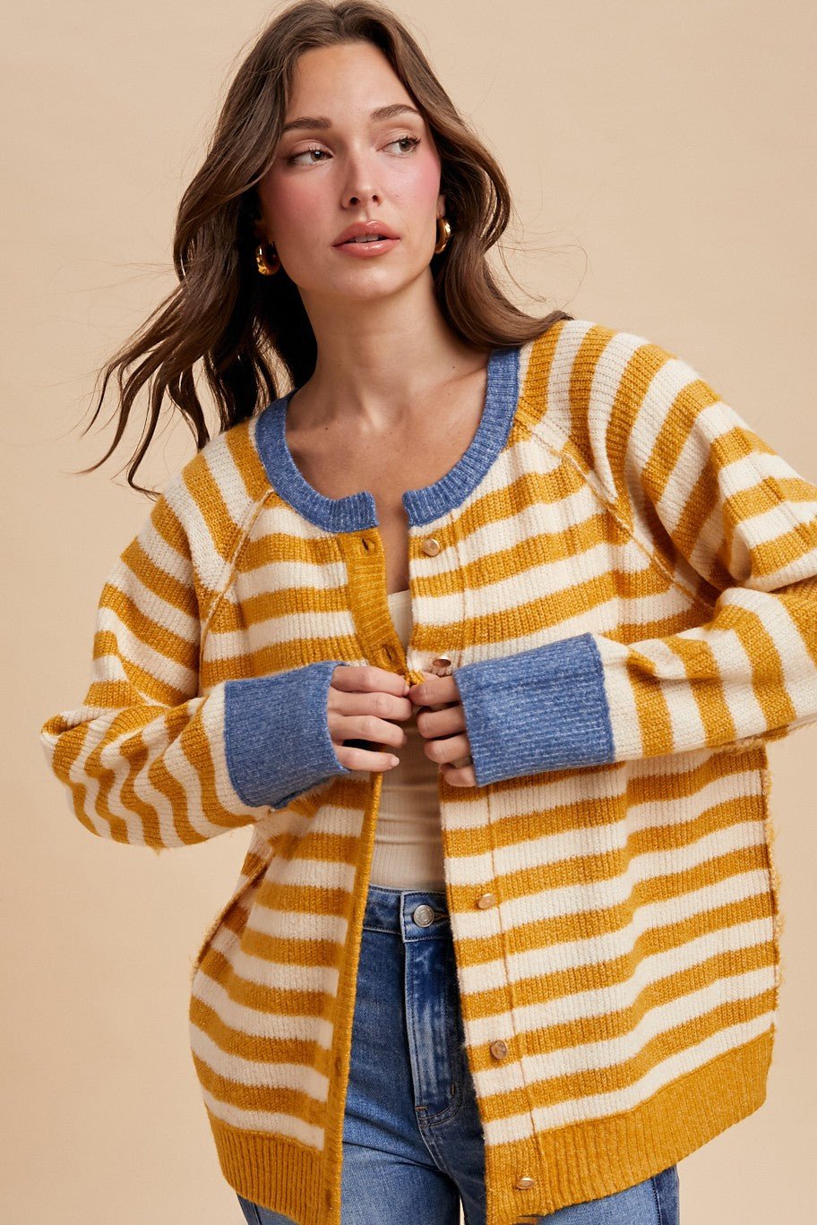 Contrast Rib Loose Fit Sweater Cardigan - Mainstream Boutique