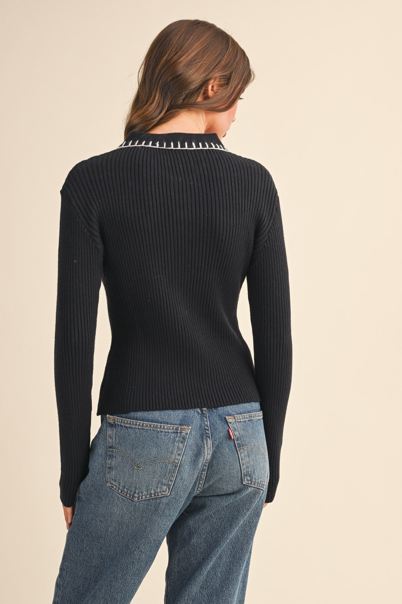 Collared Ribbed Sweater With Contrast Stitch - Mainstream Boutique