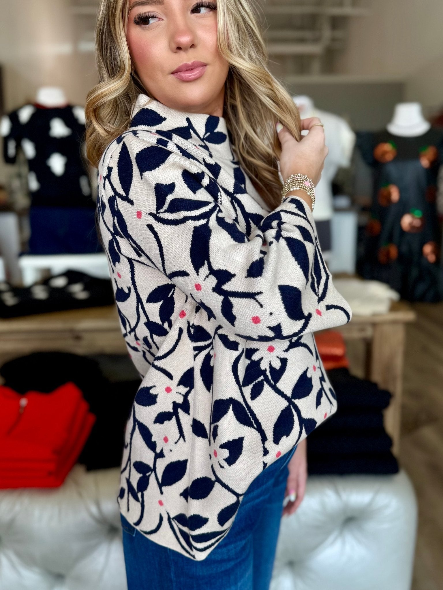 FLORAL & LEAVES PATTERN JACQUARD KNIT MOCK NECK - Mainstream Boutique