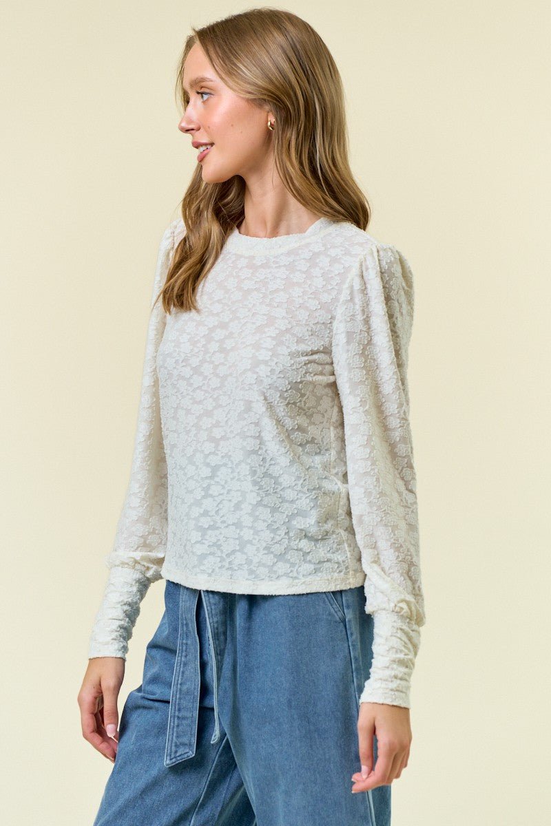 Textured Knit Jacquard Puff Sleeve Top - Mainstream Boutique