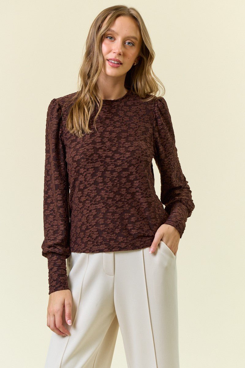 Textured Knit Jacquard Puff Sleeve Top - Mainstream Boutique