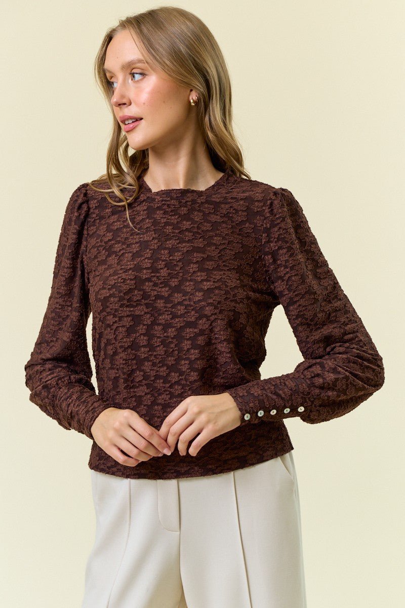 Textured Knit Jacquard Puff Sleeve Top - Mainstream Boutique